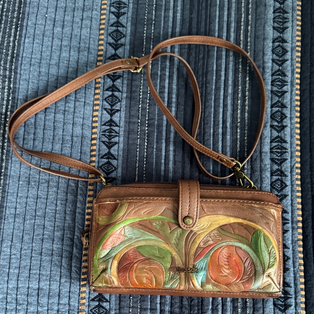 The Sak One Kind Hand Tooled & Painted Brown & Multicolor Crossbody Wallet